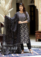 Miravan Women's Black Floral Printed Kurta Palazzo With Dupatta Set