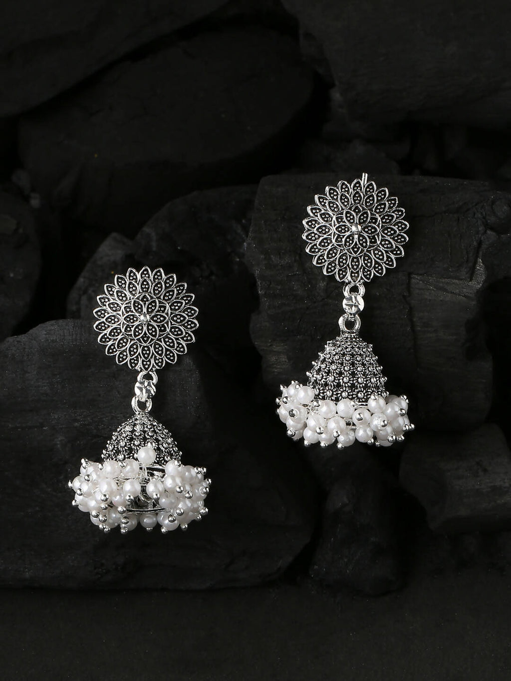 NVR Women Silver Toned Dome Shaped Jhumkas Earrings - Distacart