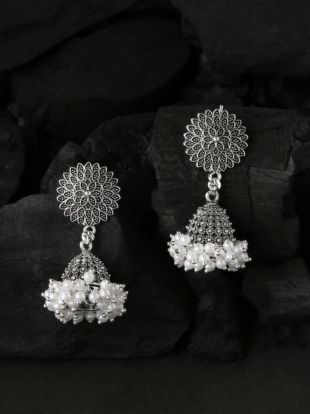 NVR Women Silver Toned Dome Shaped Jhumkas Earrings - Distacart