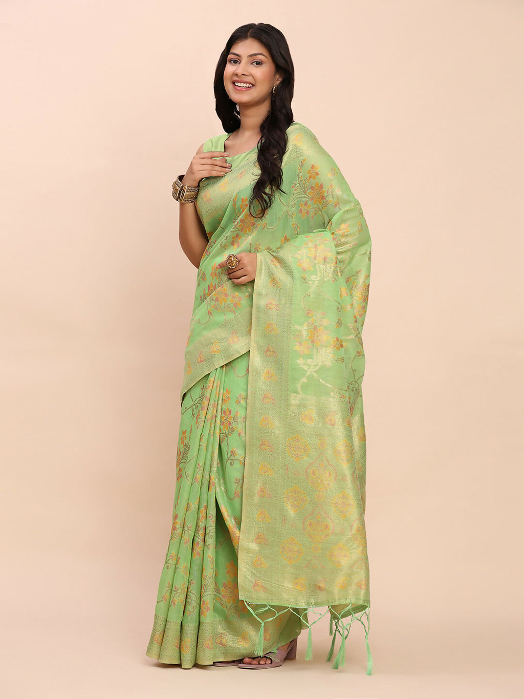 Shree Shyam Fashion Linen Cotton Green Saree - Distacart