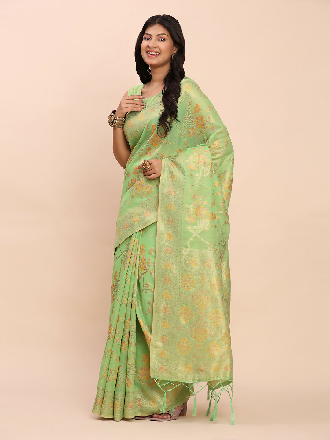 Shree Shyam Fashion Linen Cotton Green Saree - Distacart