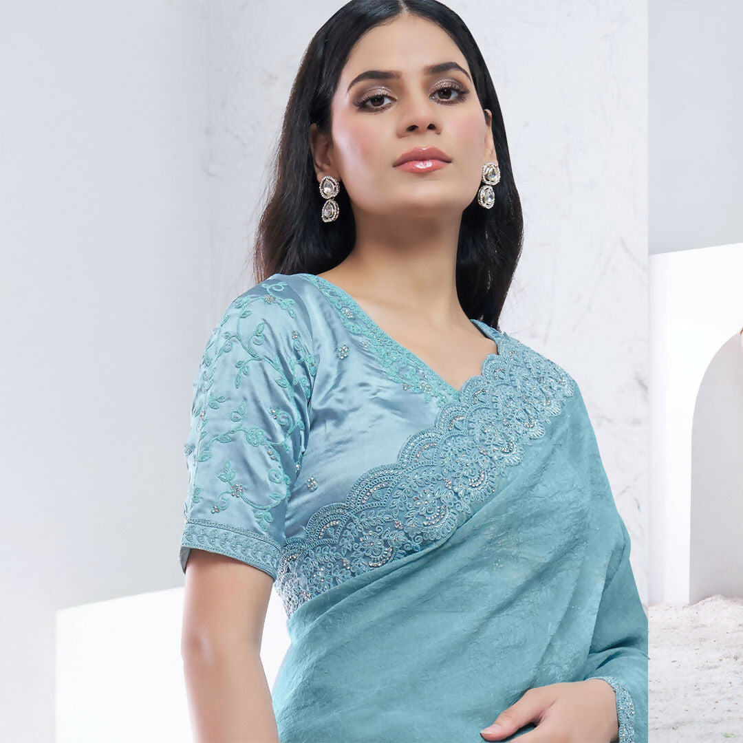 Aqua Blue Crush Pure Silk Diamond With Hand Work Saree With Unstitched Blouse - Norita Swaraa
