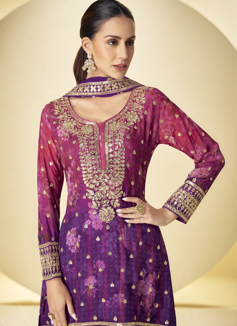 Vegaa Fashion Purple Chinon Digital Print Designer Palazzo Suit - Distacart