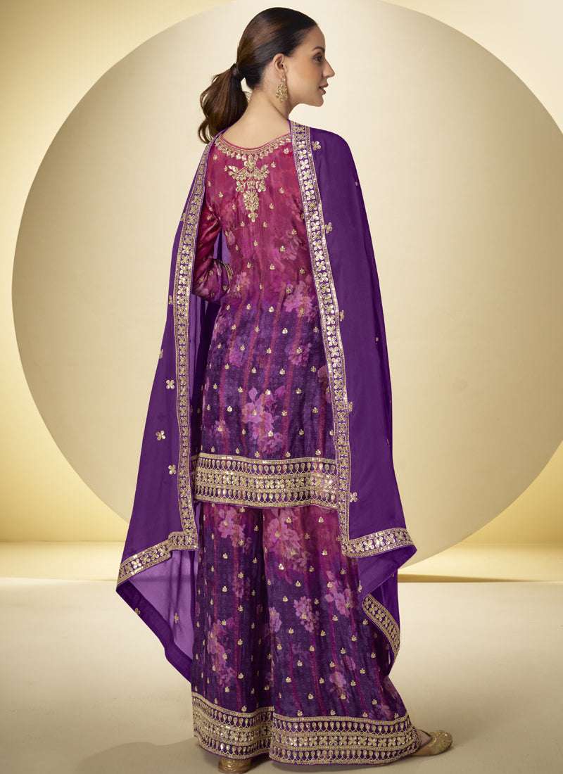Vegaa Fashion Purple Chinon Digital Print Designer Palazzo Suit - Distacart