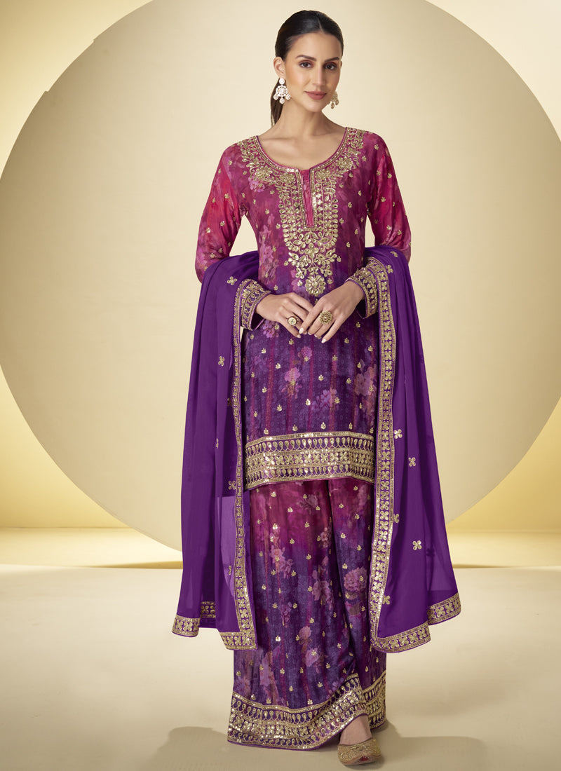 Vegaa Fashion Purple Chinon Digital Print Designer Palazzo Suit - Distacart