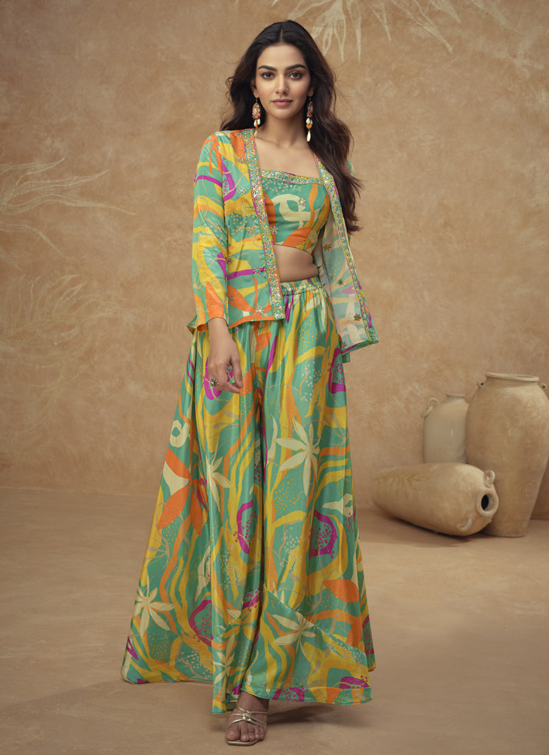 Vegaa Fashion Lime Green Chinon Silk Digital Print Western Suit - Distacart