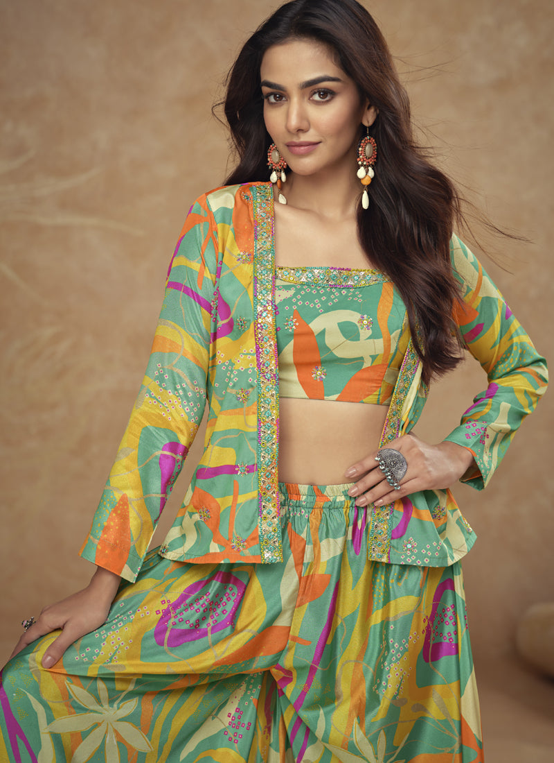 Vegaa Fashion Lime Green Chinon Silk Digital Print Western Suit - Distacart