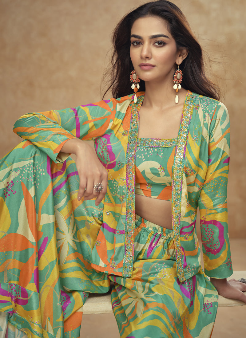 Vegaa Fashion Lime Green Chinon Silk Digital Print Western Suit - Distacart