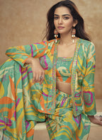 Vegaa Fashion Lime Green Chinon Silk Digital Print Western Suit - Distacart