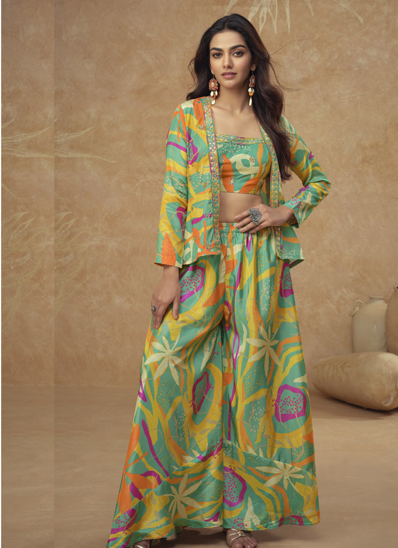 Vegaa Fashion Lime Green Chinon Silk Digital Print Western Suit - Distacart