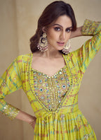 Vegaa Fashion Yellow Chinon Silk Digital Print Western Suit - Distacart