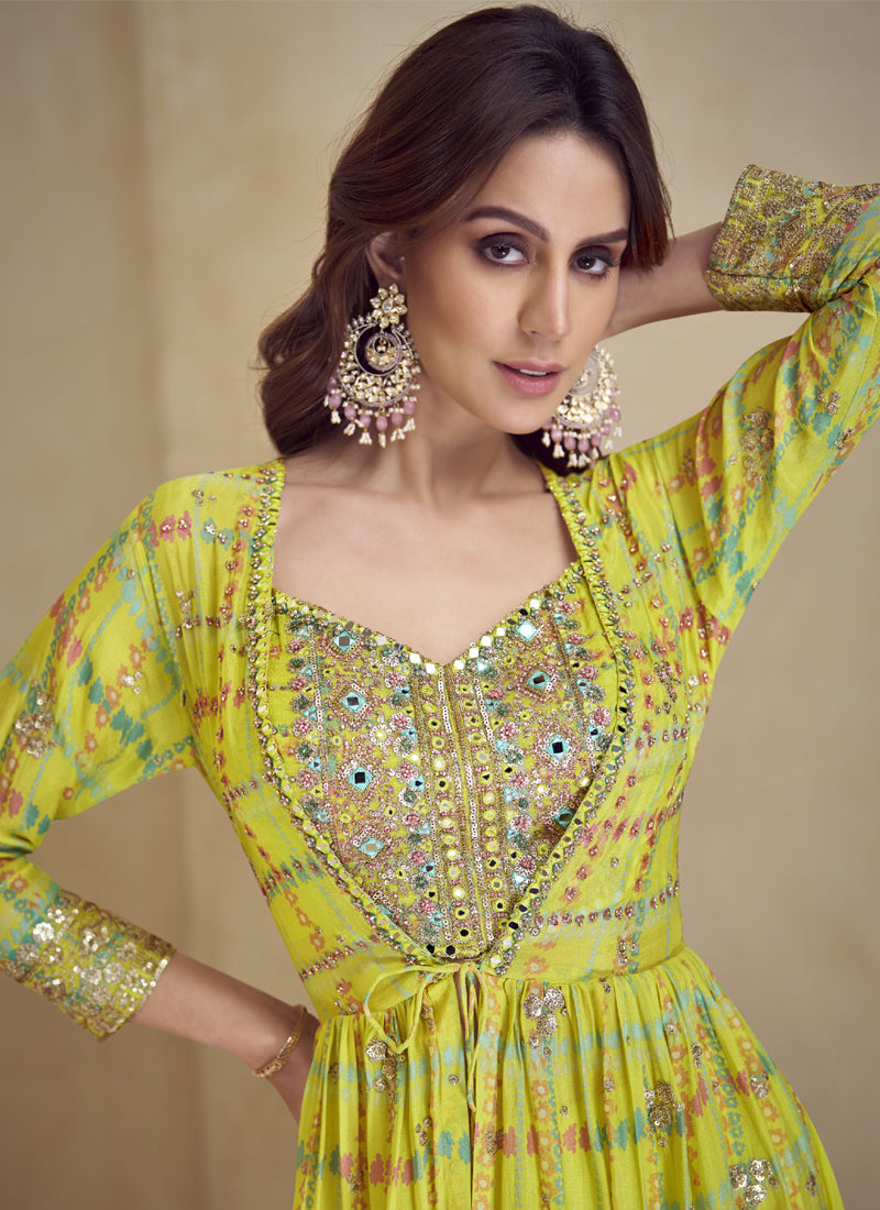 Vegaa Fashion Yellow Chinon Silk Digital Print Western Suit - Distacart