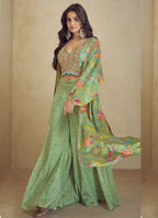 Vegaa Fashion Lime Green Chinon Silk Digital Print Western Suit - Distacart