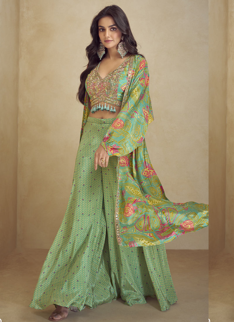 Vegaa Fashion Lime Green Chinon Silk Digital Print Western Suit - Distacart