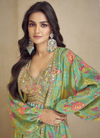 Vegaa Fashion Lime Green Chinon Silk Digital Print Western Suit - Distacart