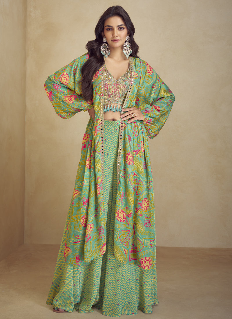 Vegaa Fashion Lime Green Chinon Silk Digital Print Western Suit - Distacart
