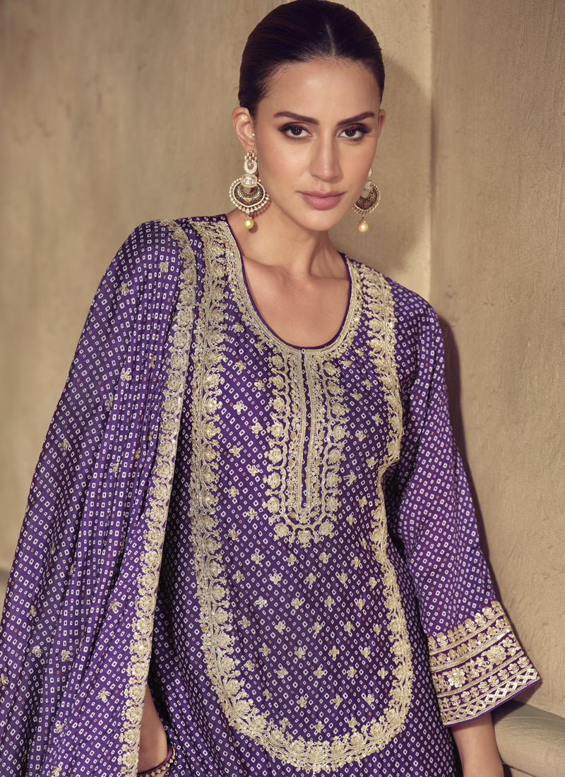 Vegaa Fashion Violet Chinon Silk Embroidered Designer Sharara Suit - Distacart