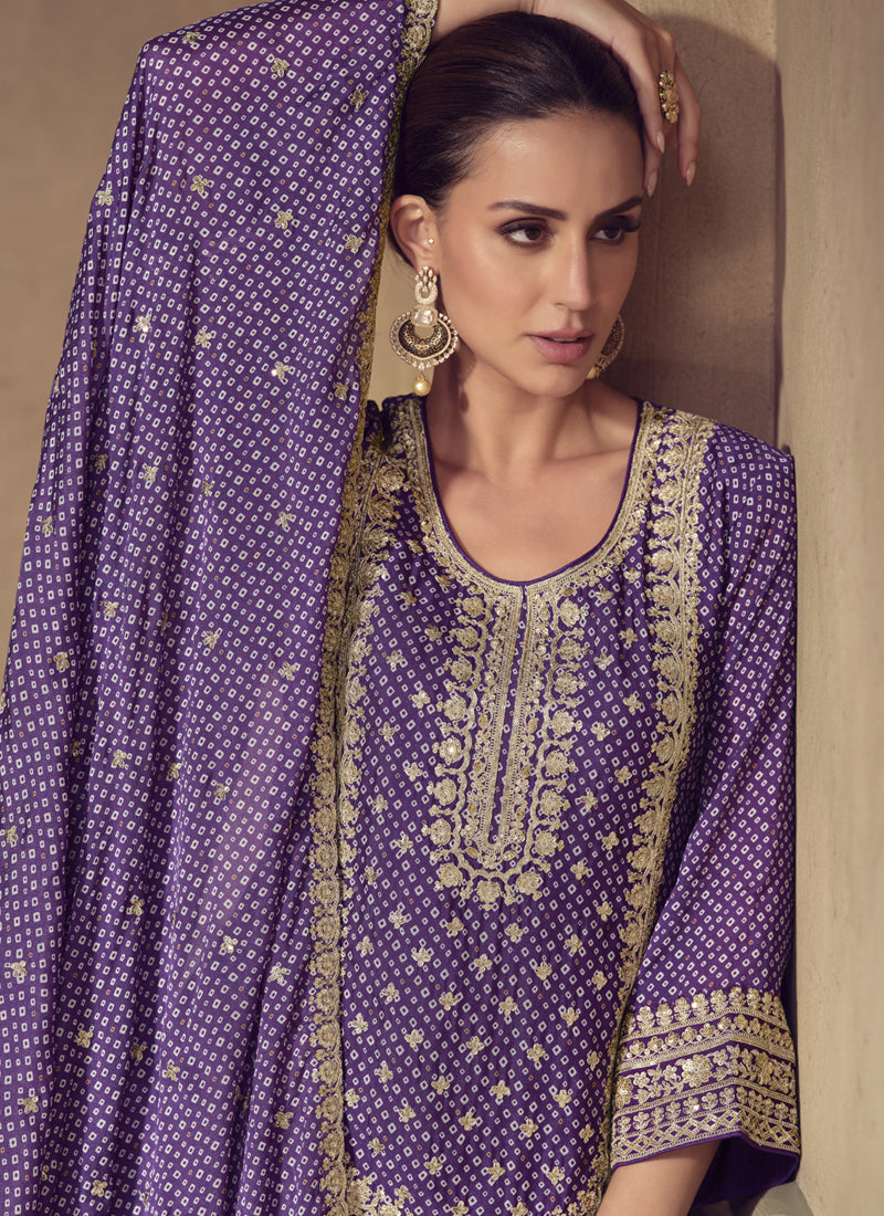 Vegaa Fashion Violet Chinon Silk Embroidered Designer Sharara Suit - Distacart