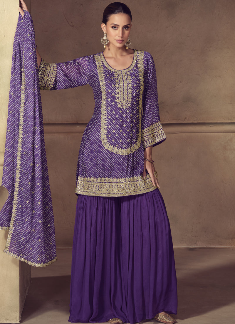 Vegaa Fashion Violet Chinon Silk Embroidered Designer Sharara Suit - Distacart