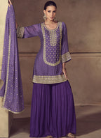 Vegaa Fashion Violet Chinon Silk Embroidered Designer Sharara Suit - Distacart