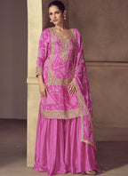 Vegaa Fashion Pink Chinon Silk Embroidered Designer Sharara Suit - Distacart