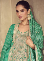 Vegaa Fashion Bottle Green Chinon Silk Embroidered Designer Sharara Suit - Distacart