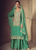 Vegaa Fashion Bottle Green Chinon Silk Embroidered Designer Sharara Suit - Distacart