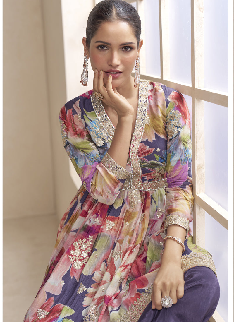 Vegaa Fashion Violet Chinon Embroidered Designer Palazzo Suit - Distacart