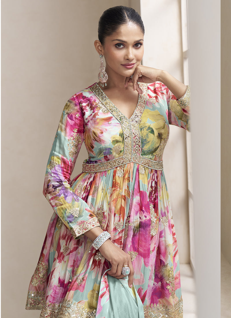 Vegaa Fashion Sea Green Chinon Embroidered Designer Palazzo Suit - Distacart