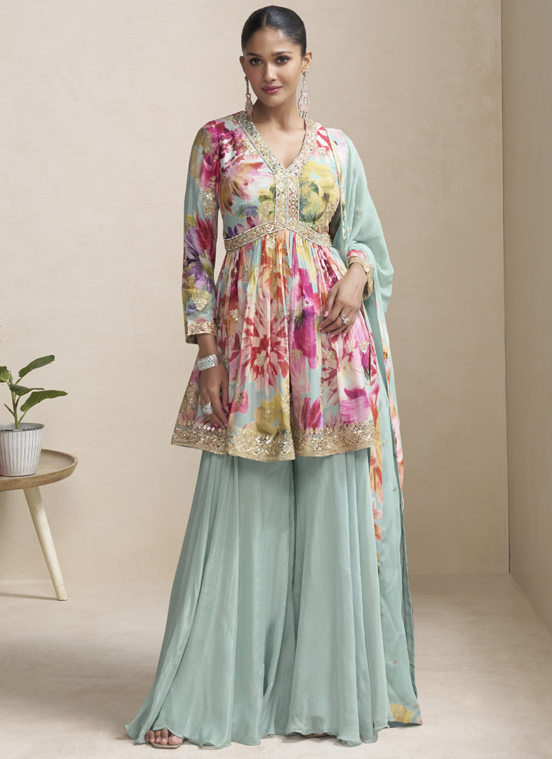 Vegaa Fashion Sea Green Chinon Embroidered Designer Palazzo Suit - Distacart