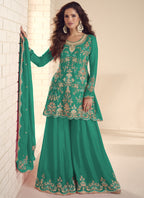 Vegaa Fashion Rama Green Chinon Silk Embroidered Salwar Palazzo Suit - Distacart