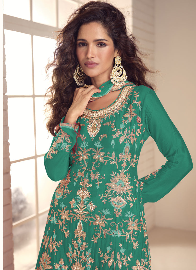 Vegaa Fashion Rama Green Chinon Silk Embroidered Salwar Palazzo Suit - Distacart