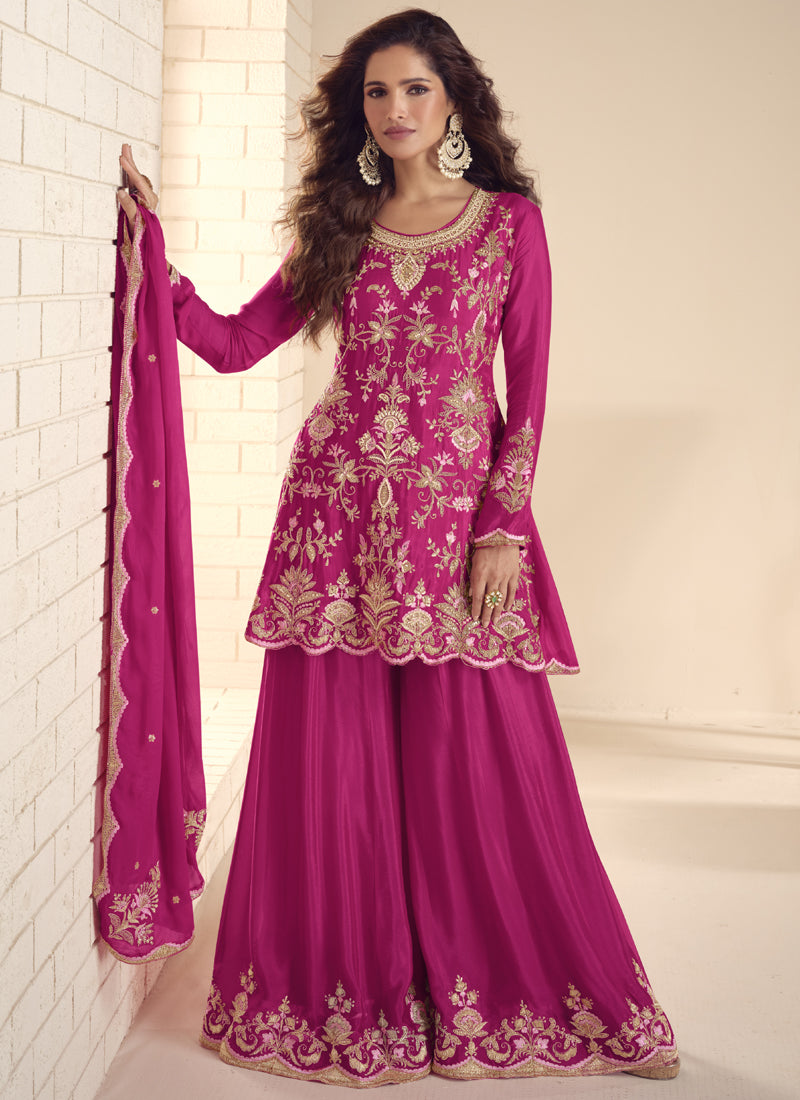 Vegaa Fashion Pink Chinon Silk Embroidered Salwar Palazzo Suit - Distacart
