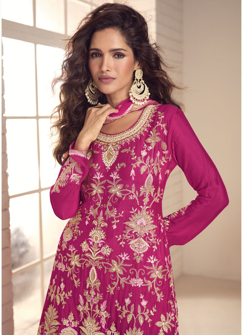 Vegaa Fashion Pink Chinon Silk Embroidered Salwar Palazzo Suit - Distacart