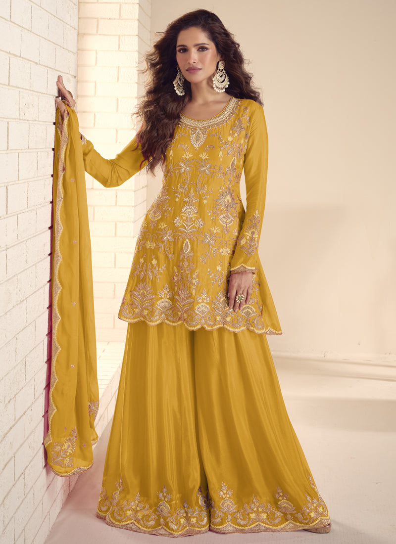 Vegaa Fashion Yellow Chinon Silk Embroidered Salwar Palazzo Suit - Distacart