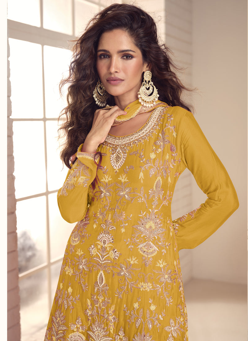 Vegaa Fashion Yellow Chinon Silk Embroidered Salwar Palazzo Suit - Distacart