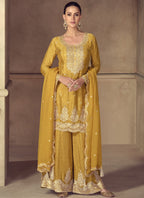 Vegaa Fashion Yellow Real Chinon Digital Print Palazzo Suit
