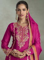 Vegaa Fashion Rani Pink Chinon Embroidered Designer Palazzo Suit