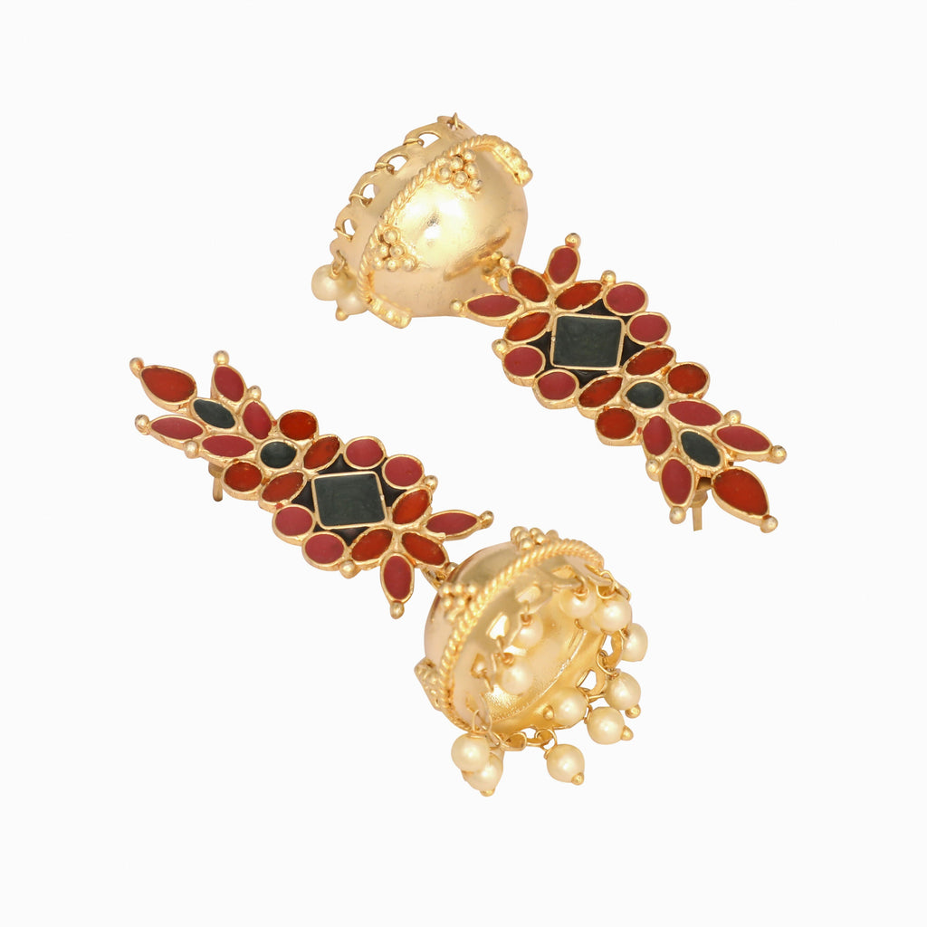 Nuyug 22K Gold-Plated Enamel & Beaded Dome Shaped Jhumka Earrings - Distacart