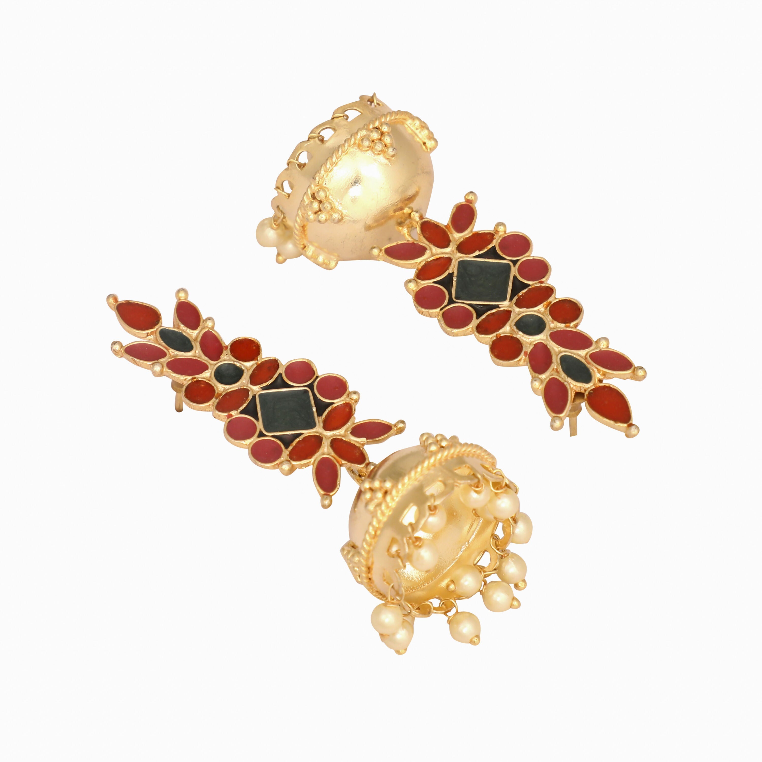 Nuyug 22K Gold-Plated Enamel & Beaded Dome Shaped Jhumka Earrings - Distacart