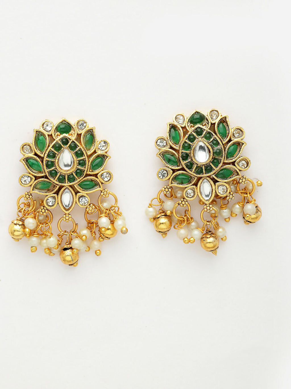 NVR Women's Gold-Polished Green Kundan- Studded & Beaded Handcrafted Temple Jewellery Set