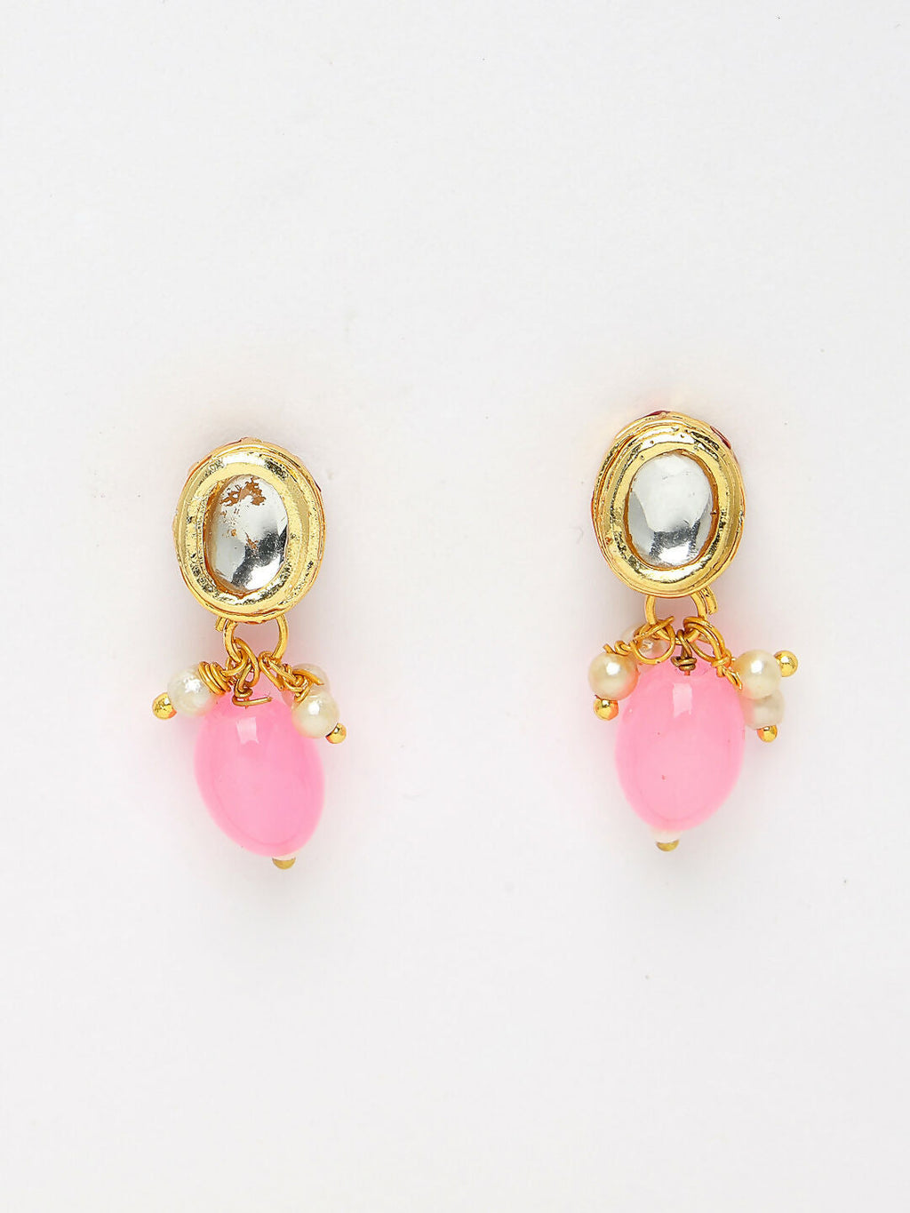 NVR Women's Pink Artificial Beads Layered Necklace with Drop Earring