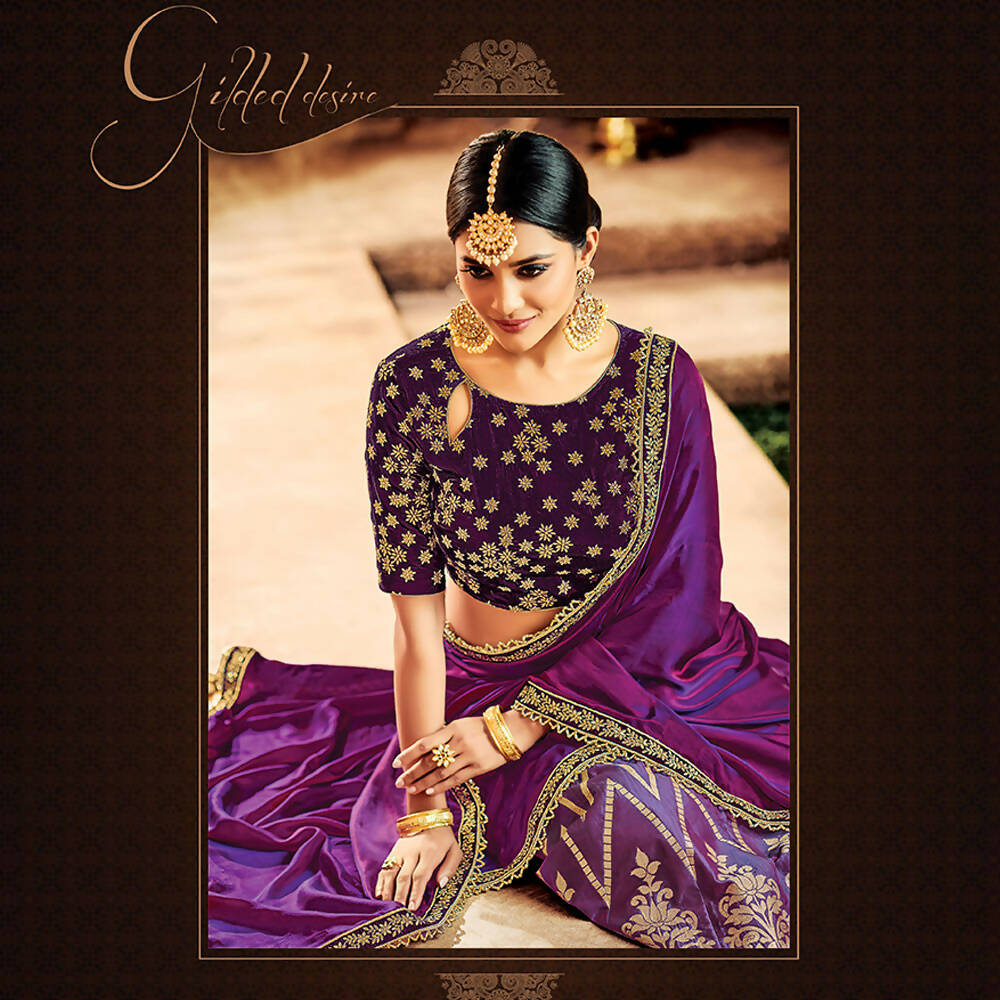 Purple Jacquard Silk, Velvet Zari Embroidery Semi-Stitched Lehenga Saree - Mohmanthan Dezzy