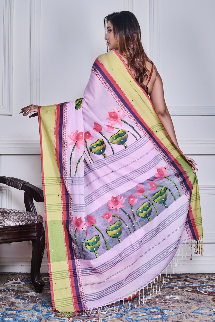 Morchari Multicolour Cotton Handloom Mirror Work Saree Unstitched Blouse - Distacart
