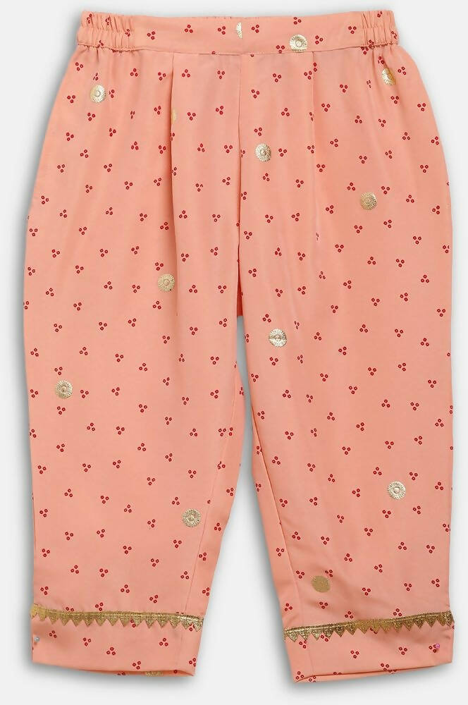 Ahalyaa Peach Crepe Gold Printed Kids Kurta Sets With Dupatta For Girls