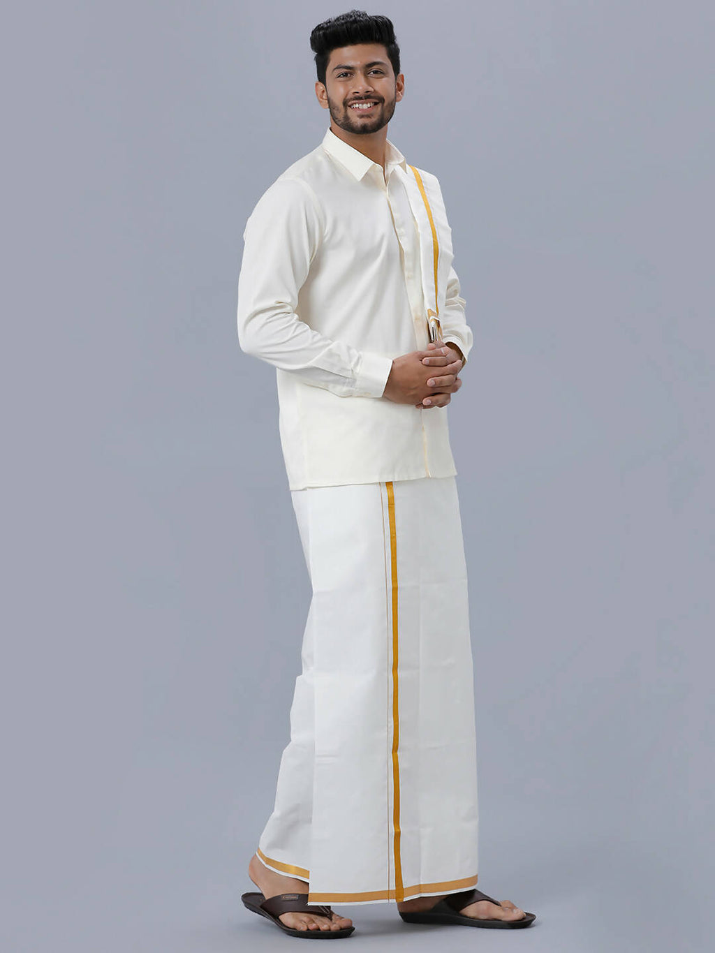 Ramraj Cotton Premium Wedding Cream Readymade Dhoti, Shirt & Towel Set Dhanvanthri
