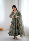 Teeya Creation Green Soft Organza Digital Printed Functional Wear Trending Long Gown - Distacart