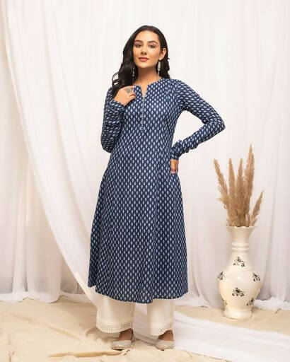 FIORRA Women's Floral Printed Navy Blue Cotton A-Line Kurta
