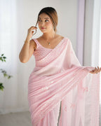 Attractive Looking Georgette Thread, Sequance Embroidery Work Party Wear Saree - Pink