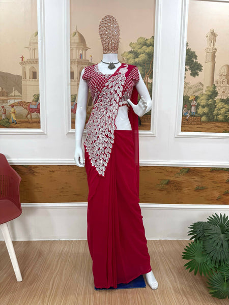 Teeya Creation Rani Color Faux Georgette Embroidery Work Party Wear Ready To Wear Saree
